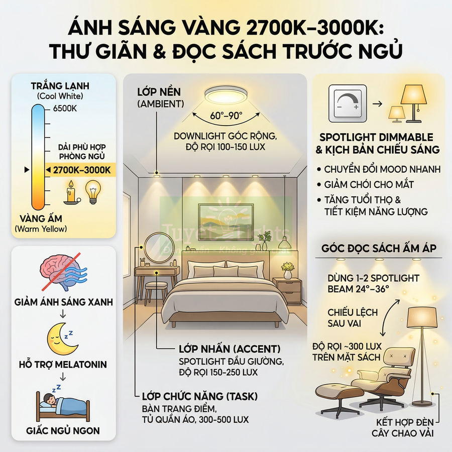 Minh họa phòng ngủ dùng ánh sáng vàng 2700K 3000K với đèn trần, đèn đầu giường và đèn đọc sách thư giãn
