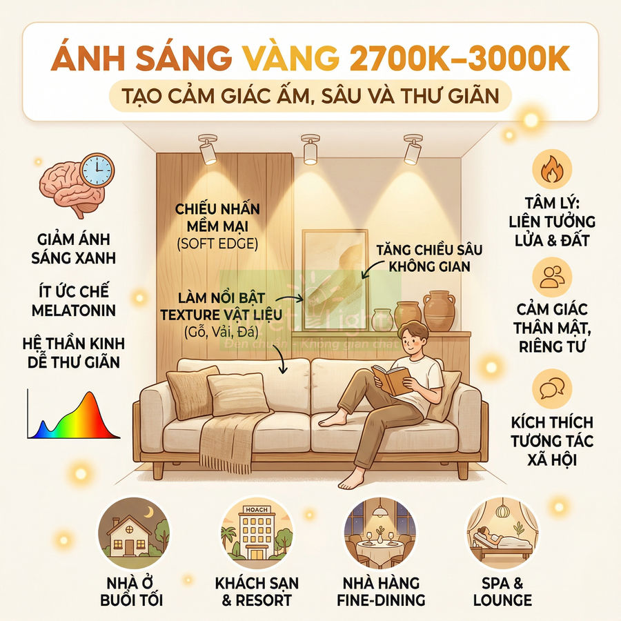 Infographic về ưu điểm ánh sáng vàng 2700K 3000K cho phòng khách, nhà ở, khách sạn, nhà hàng, spa và lounge