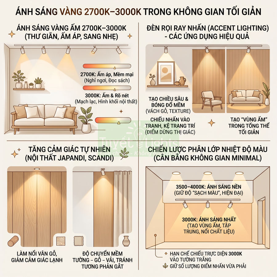 Minh họa cách dùng đèn LED ánh sáng vàng 2700K 3000K cho nội thất tối giản, tạo vùng ấm và nhấn trang trí