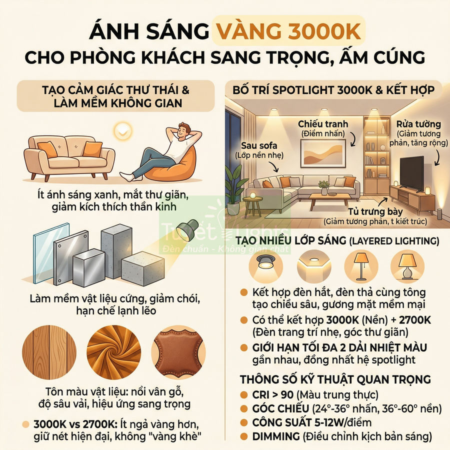Infographic hướng dẫn dùng ánh sáng vàng 3000K và đèn spotlight cho phòng khách sang trọng ấm cúng