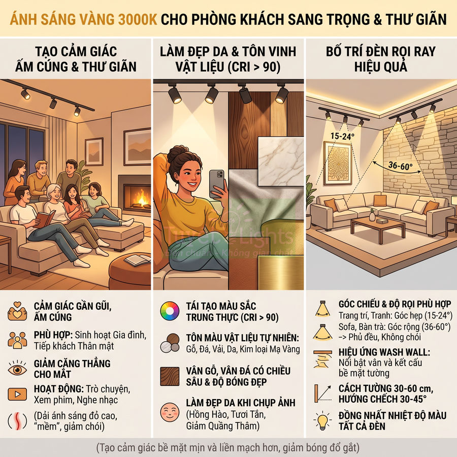 Đèn rọi ray ánh sáng vàng 3000K cho phòng khách sang trọng, tạo cảm giác ấm cúng và tôn vinh chất liệu nội thất