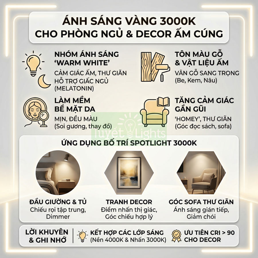 Infographic giới thiệu ưu điểm và ứng dụng đèn spotlight ánh sáng vàng 3000K cho phòng ngủ và decor ấm cúng