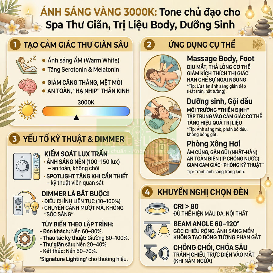 Infographic hướng dẫn chọn ánh sáng vàng 3000K cho spa thư giãn, trị liệu body và dưỡng sinh