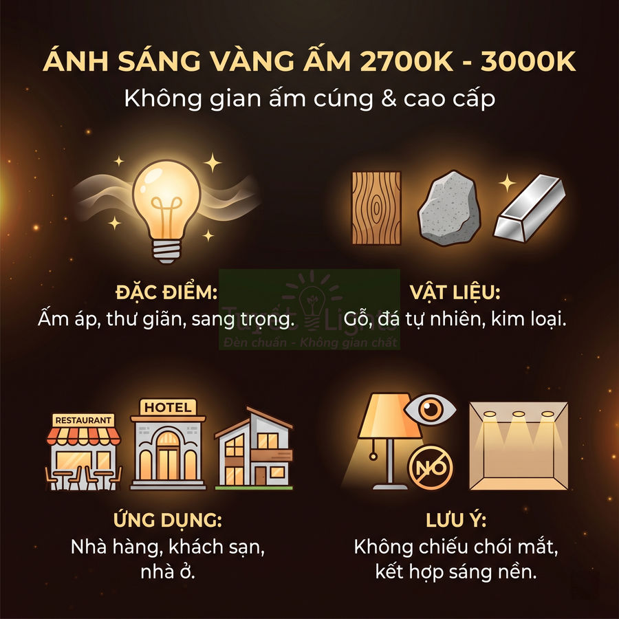 Infographic hướng dẫn chọn ánh sáng vàng ấm 2700K 3000K cho nhà hàng khách sạn nhà ở và vật liệu gỗ đá kim loại