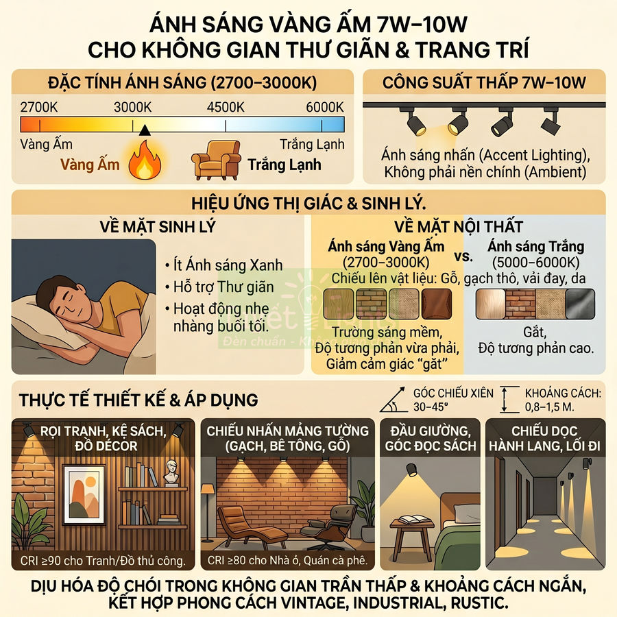 Infographic hướng dẫn chọn đèn LED ánh sáng vàng ấm 7W 10W cho không gian thư giãn và trang trí nội thất