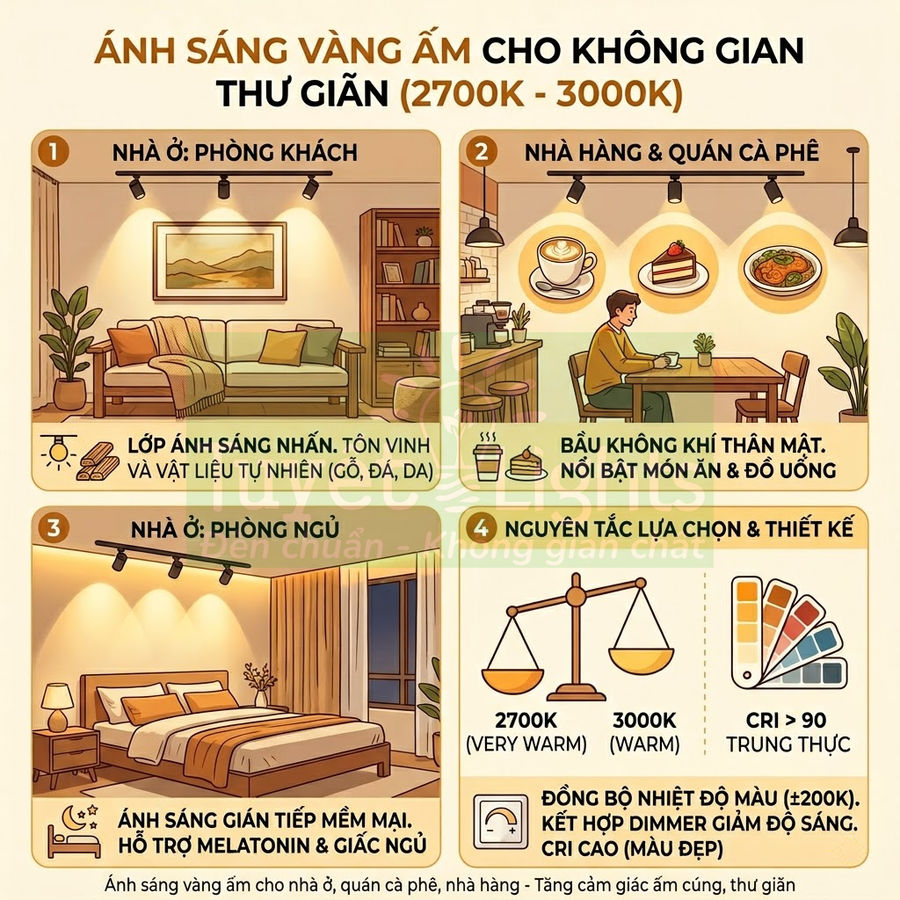 Infographic hướng dẫn chọn ánh sáng vàng ấm 2700K 3000K cho phòng khách, phòng ngủ, nhà hàng quán cà phê