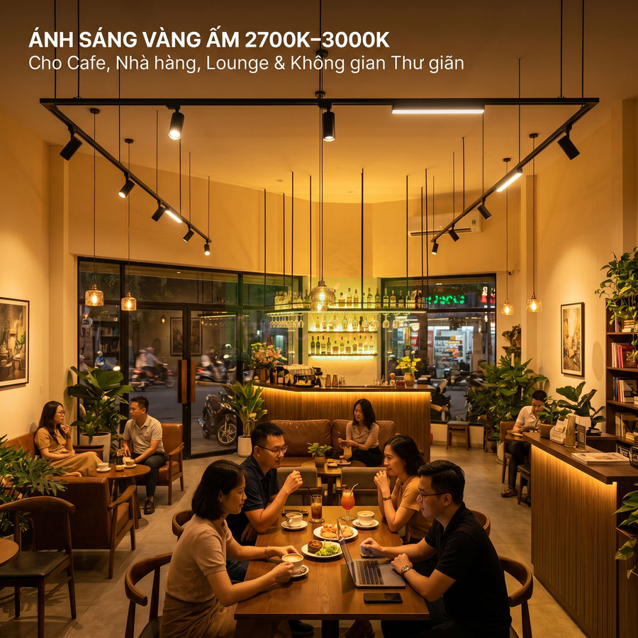 Đèn chiếu rọi ánh sáng vàng ấm 2700K 3000K cho không gian quán cafe nhà hàng thư giãn