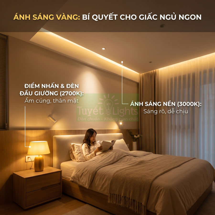 Phòng ngủ ấm cúng với đèn ngủ và đèn trần ánh sáng vàng Tuyết Lights hỗ trợ giấc ngủ ngon