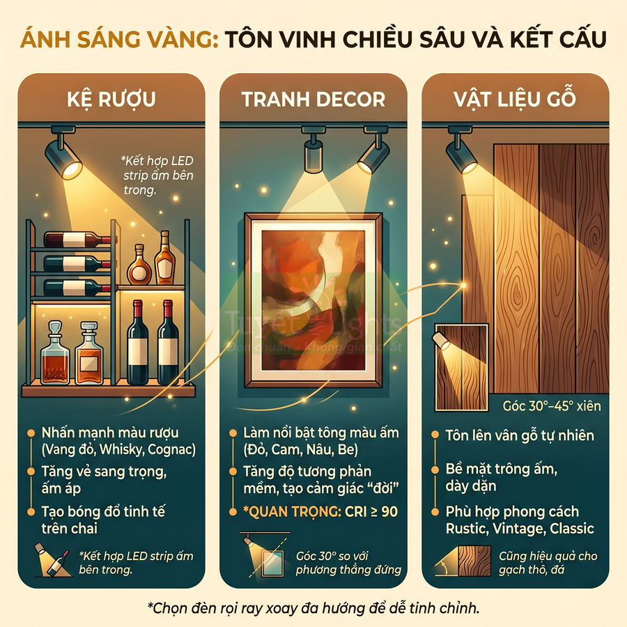 Đèn rọi ray ánh sáng vàng chiếu kệ rượu, tranh decor và vách gỗ, làm nổi bật màu sắc và kết cấu nội thất