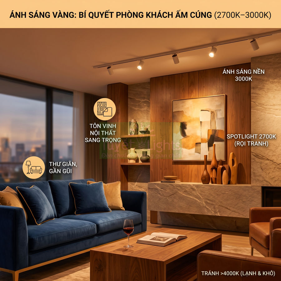 Phòng khách sang trọng với đèn spotlight ánh vàng 2700K 3000K làm nổi bật sofa xanh và nội thất gỗ ấm cúng