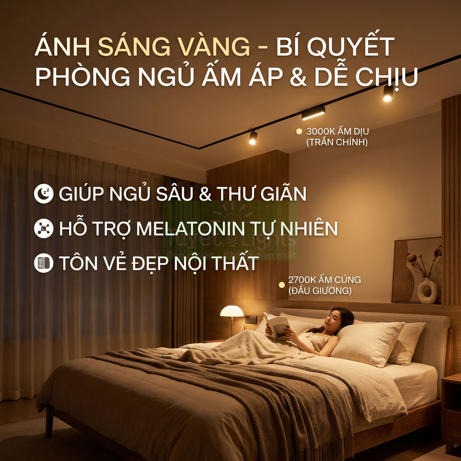 Đèn ngủ ánh sáng vàng ấm áp trong phòng ngủ hiện đại, giúp thư giãn và ngủ sâu hơn