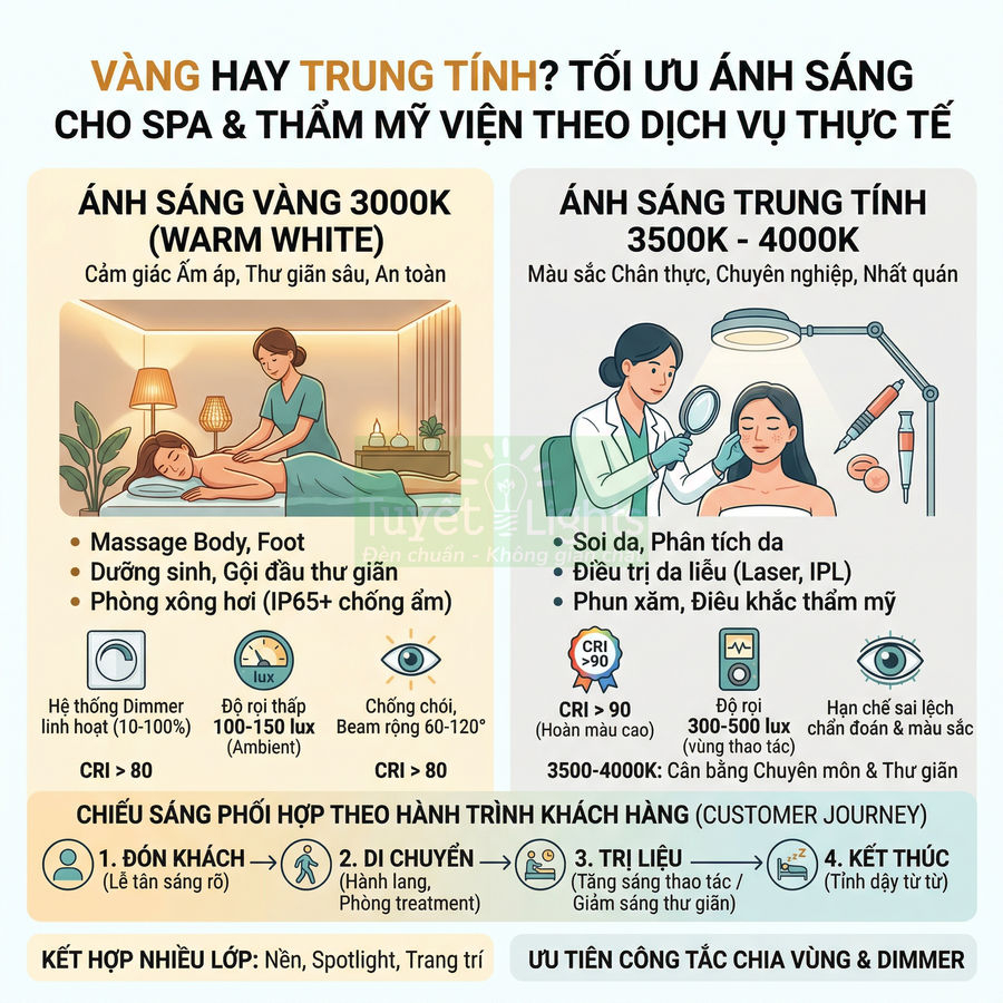 Infographic hướng dẫn chọn ánh sáng vàng 3000K và trung tính 3500K 4000K cho spa và thẩm mỹ viện
