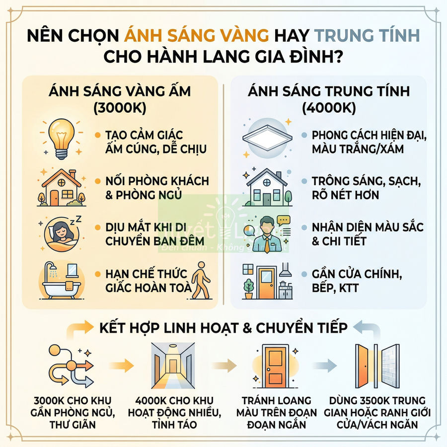 Infographic so sánh ưu điểm ánh sáng vàng 3000K và ánh sáng trung tính 4000K cho hành lang gia đình