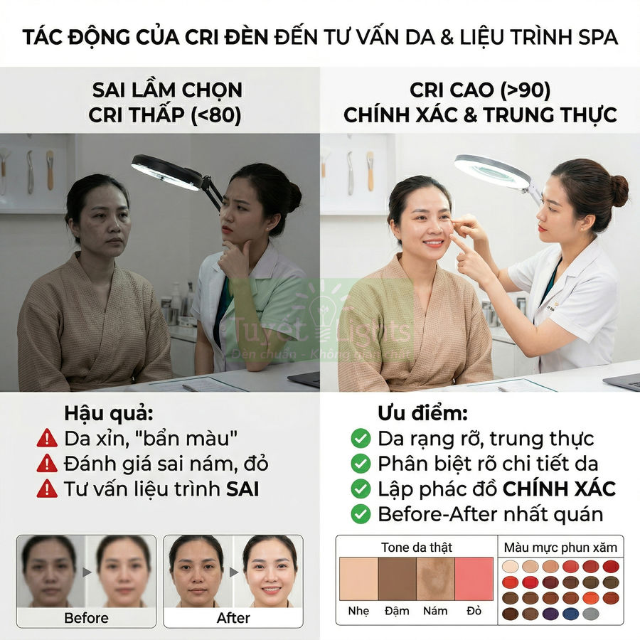 So sánh đèn spa CRI thấp và đèn spa CRI cao trong tư vấn da, cho thấy sự khác biệt màu da khách hàng