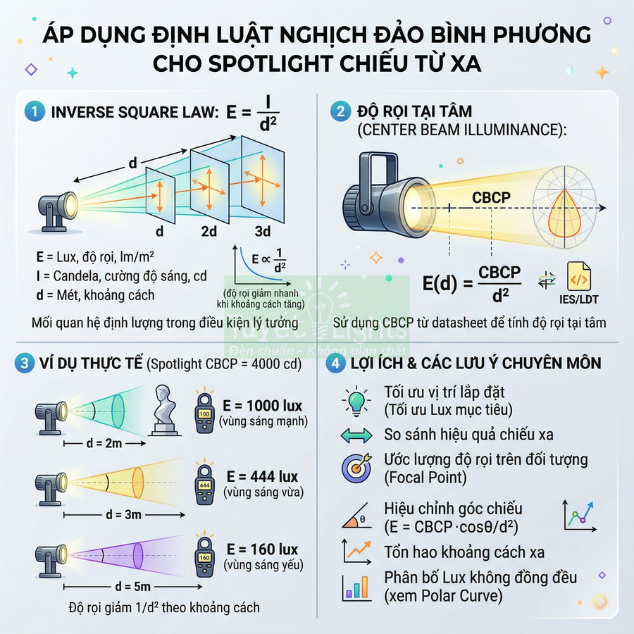 Infographic giải thích định luật nghịch đảo bình phương và cách tính độ rọi cho đèn spotlight chiếu xa