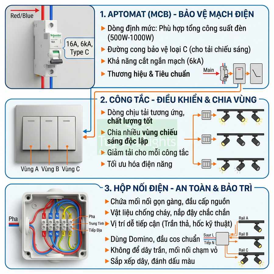Sơ đồ lắp đặt aptomat Schneider, công tắc chia vùng và hộp nối điện an toàn cho hệ thống đèn chiếu sáng