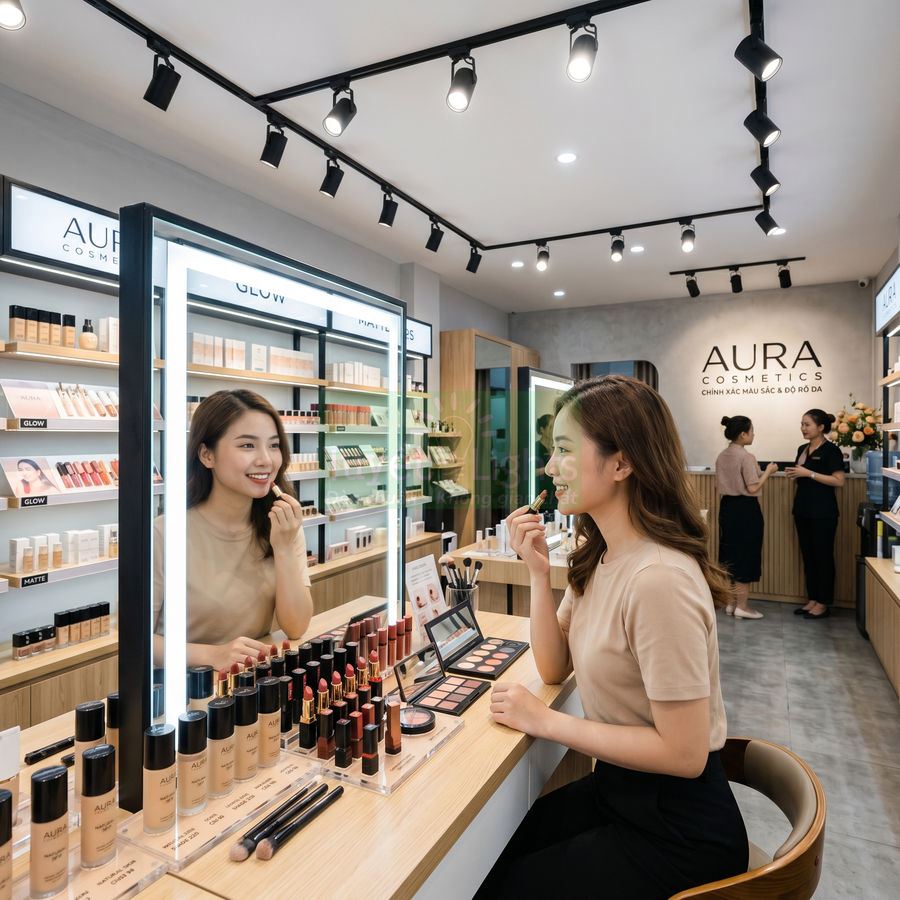 Cô gái thử son môi tại quầy trang điểm Aura Cosmetics với nhiều sản phẩm makeup trưng bày