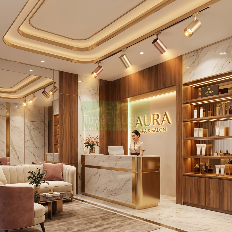 Quầy lễ tân spa Aura sang trọng với đèn rọi trần hiện đại và kệ trưng bày mỹ phẩm cao cấp