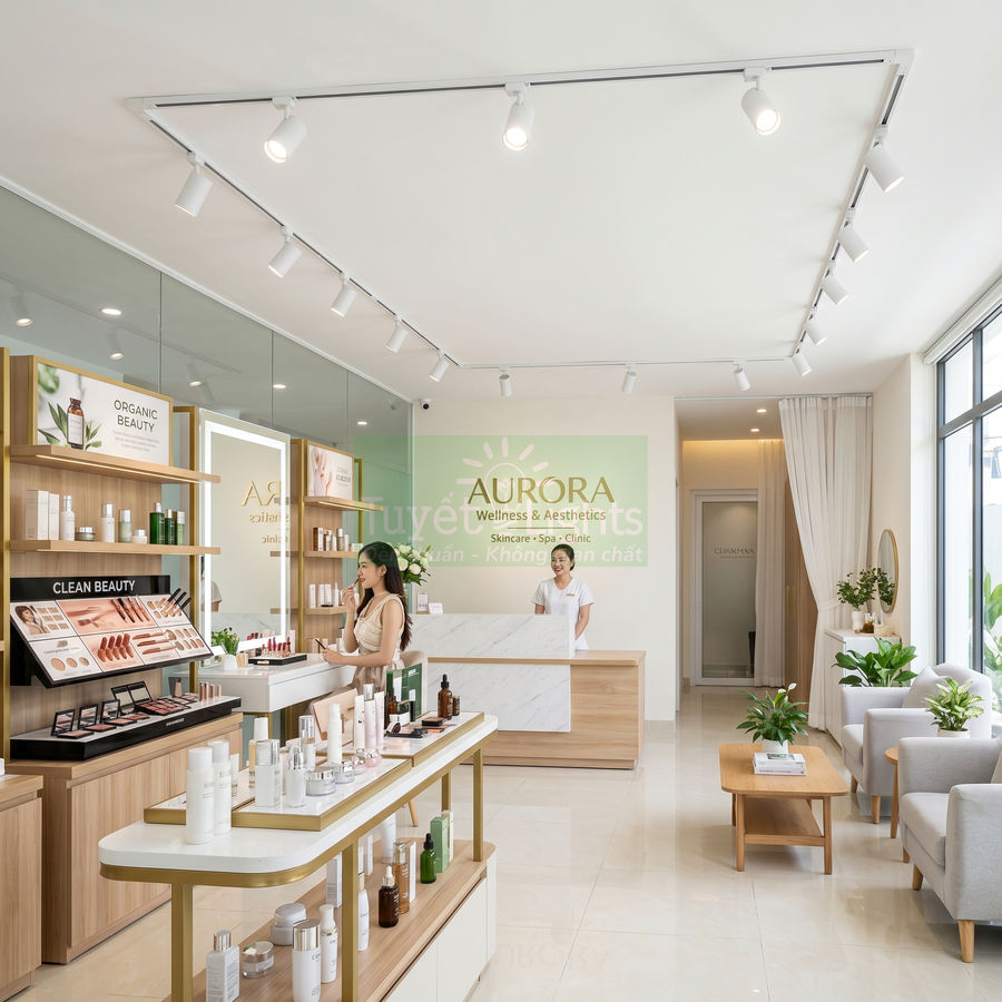 Quầy trưng bày mỹ phẩm chăm sóc da tại spa Aurora Wellness & Aesthetics hiện đại sáng sủa