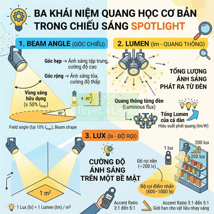 Infographic ba khái niệm quang học cơ bản beam angle lumen lux trong chiếu sáng đèn spotlight