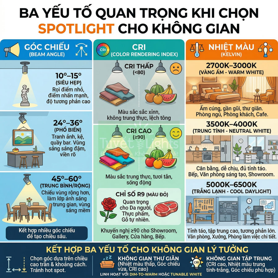 Infographic hướng dẫn chọn đèn spotlight theo góc chiếu, chỉ số CRI và nhiệt màu cho từng không gian nội thất