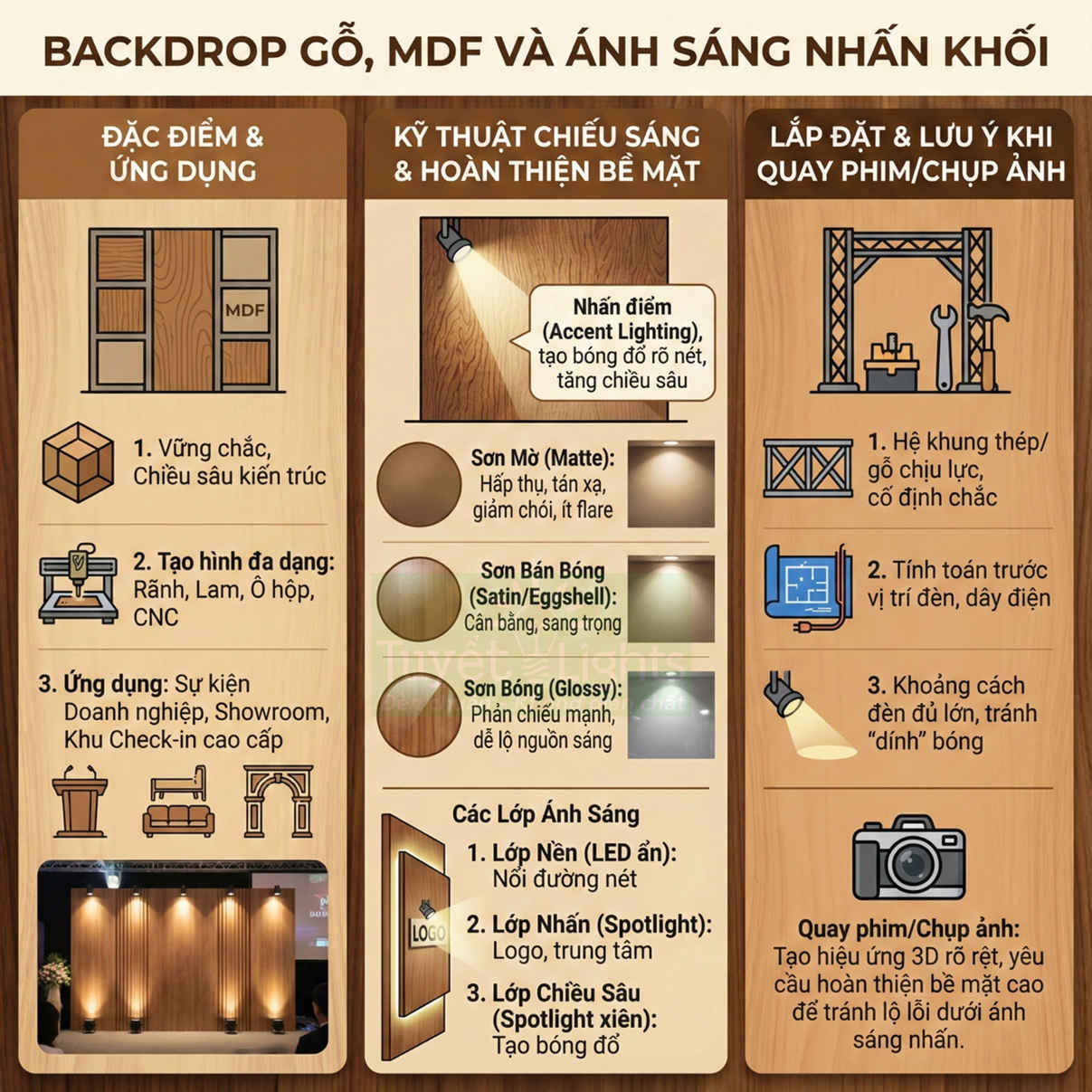 Backdrop gỗ MDF với các lớp ánh sáng nhấn khối và hướng dẫn lắp đặt khi quay phim chụp ảnh