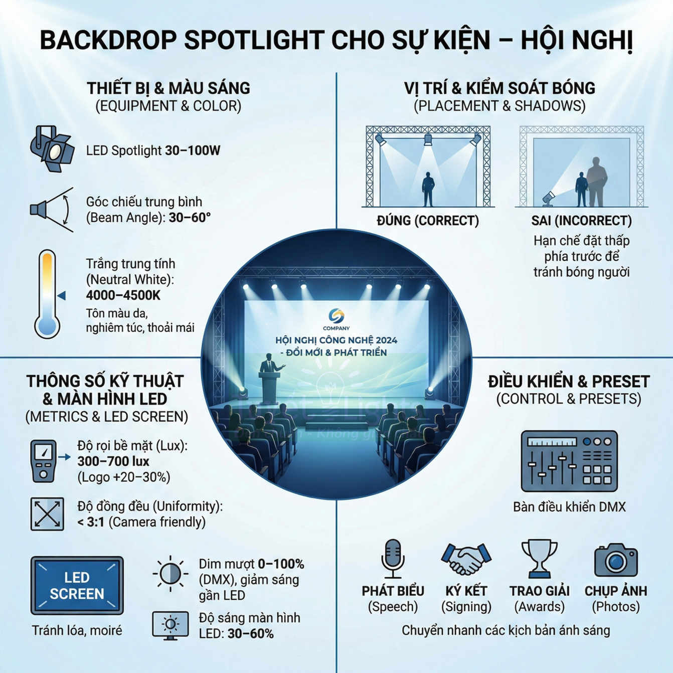 Hướng dẫn setup đèn spotlight và màn hình LED cho backdrop sân khấu hội nghị công nghệ 2024