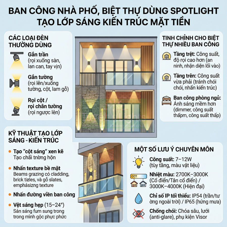 Infographic hướng dẫn lắp đèn spotlight cho ban công nhà phố biệt thự, minh họa các vị trí và kỹ thuật chiếu sáng mặt tiền