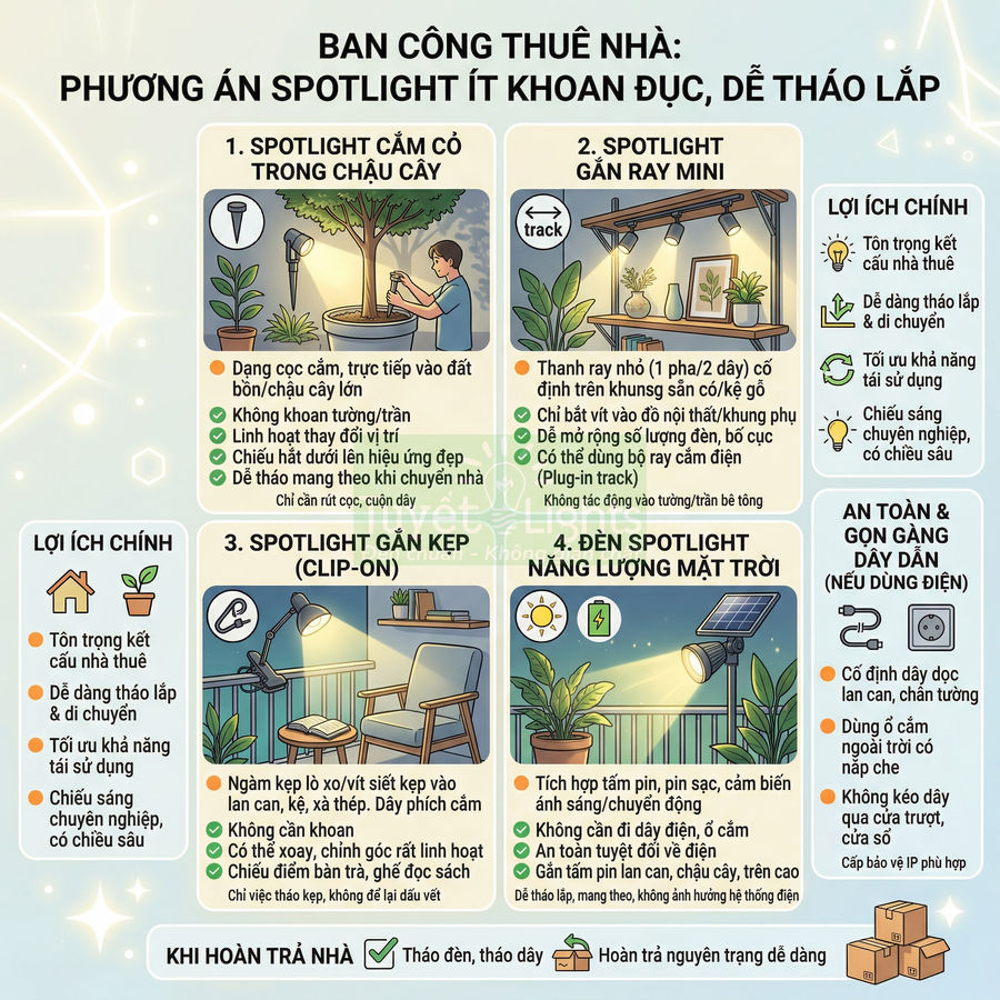 Giải pháp lắp đèn spotlight cho ban công nhà thuê ít khoan đục, dễ tháo lắp và an toàn