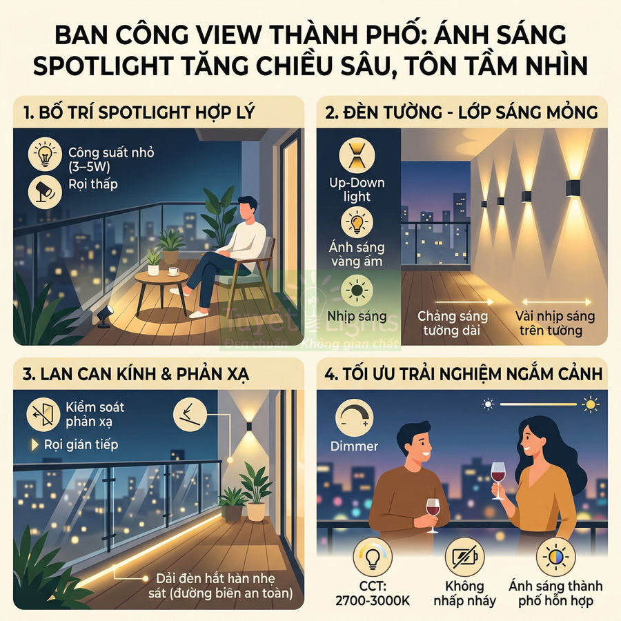 Infographic hướng dẫn bố trí đèn spotlight và đèn tường cho ban công chung cư view thành phố ban đêm