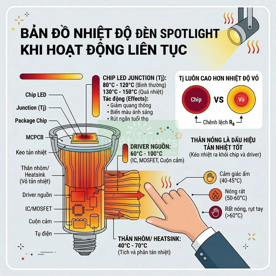 Cấu tạo đèn LED spotlight và sơ đồ phân bố nhiệt độ khi đèn hoạt động liên tục