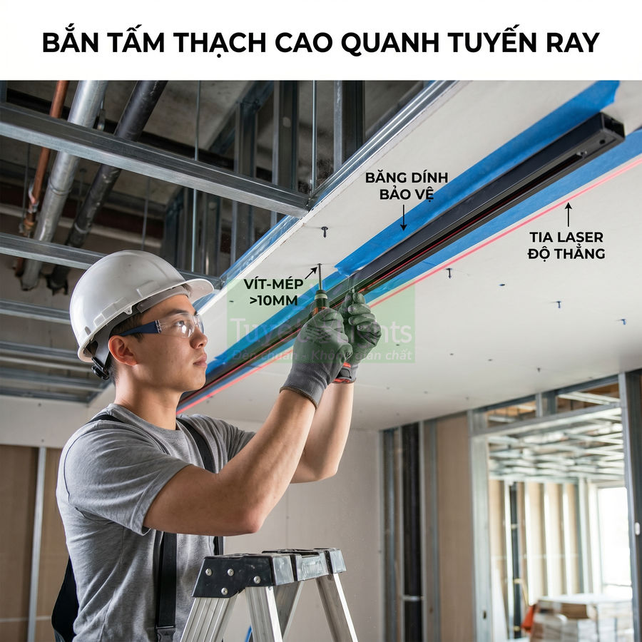 Thợ thi công bắt tấm thạch cao quanh tuyến ray trần nhà bằng vít và tia laser canh thẳng