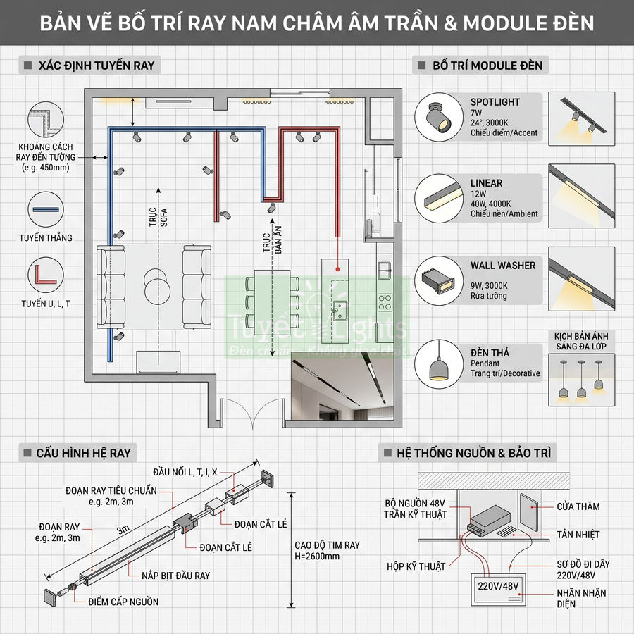 Bản vẽ bố trí ray nam châm âm trần và module đèn chiếu sáng cho phòng khách và bếp