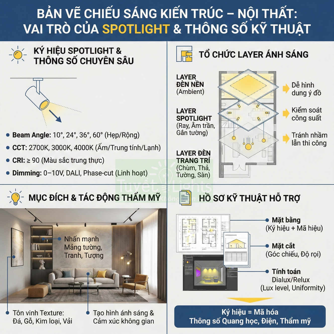Infographic hướng dẫn chiếu sáng nội thất bằng đèn spotlight kiến trúc và thông số kỹ thuật chi tiết