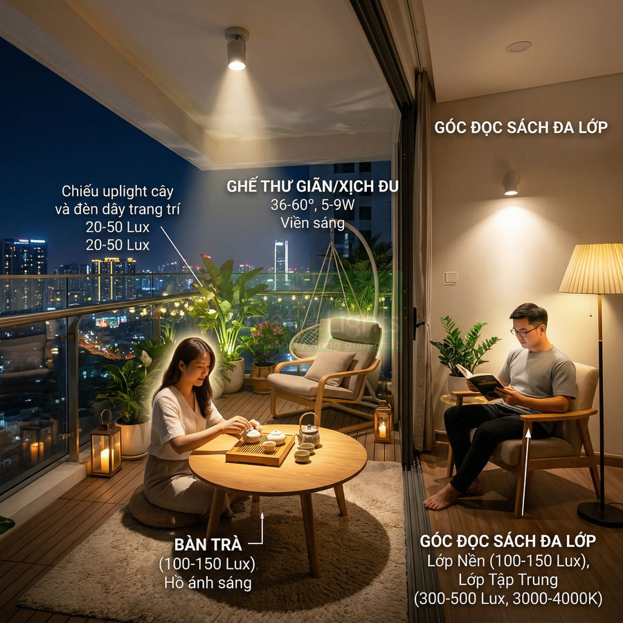 Ban công chung cư trang trí đèn LED ấm áp với bàn trà gỗ, ghế thư giãn xích đu và góc đọc sách trong nhà