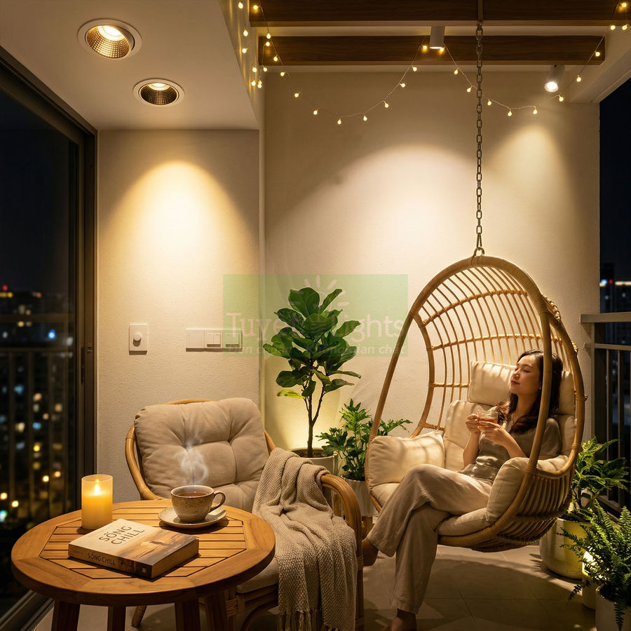 Ghế xích đu mây tre ngoài ban công kèm bàn gỗ, đèn trang trí và cây xanh tạo góc thư giãn ấm cúng