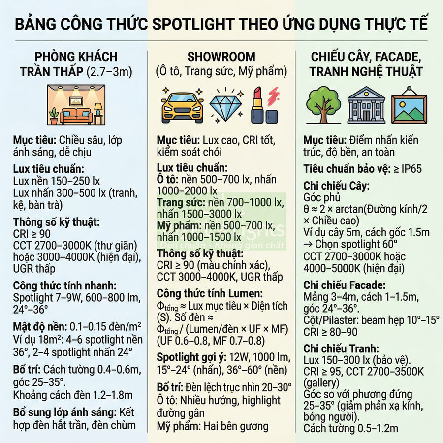 Bảng hướng dẫn chọn công suất và thông số đèn spotlight cho phòng khách, showroom, chiếu cây và tranh nghệ thuật
