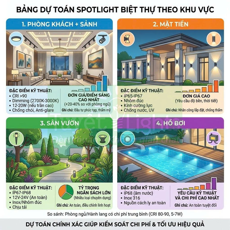 Bảng hướng dẫn chọn đèn spotlight LED cho biệt thự gồm phòng khách, mặt tiền, sân vườn và hồ bơi