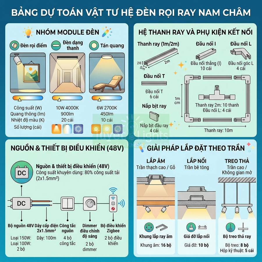 Bảng dự toán vật tư hệ đèn rọi ray nam châm 48V gồm module đèn, thanh ray, phụ kiện và giải pháp lắp trần