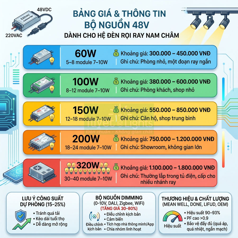 Bảng giá và thông số bộ nguồn 48V cho đèn rọi ray nam châm công suất 60W đến 320W