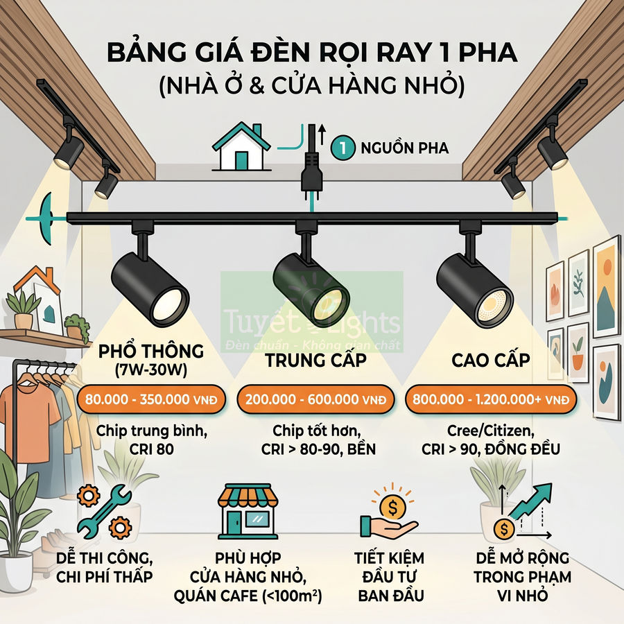 Đèn rọi ray 1 pha Tuyết Lights cho nhà ở và cửa hàng nhỏ với các phân khúc phổ thông đến cao cấp