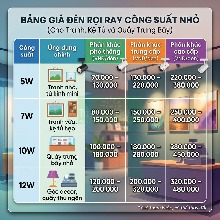 Bảng giá đèn rọi ray công suất nhỏ cho tranh, kệ tủ và quầy trưng bày các phân khúc phổ thông đến cao cấp