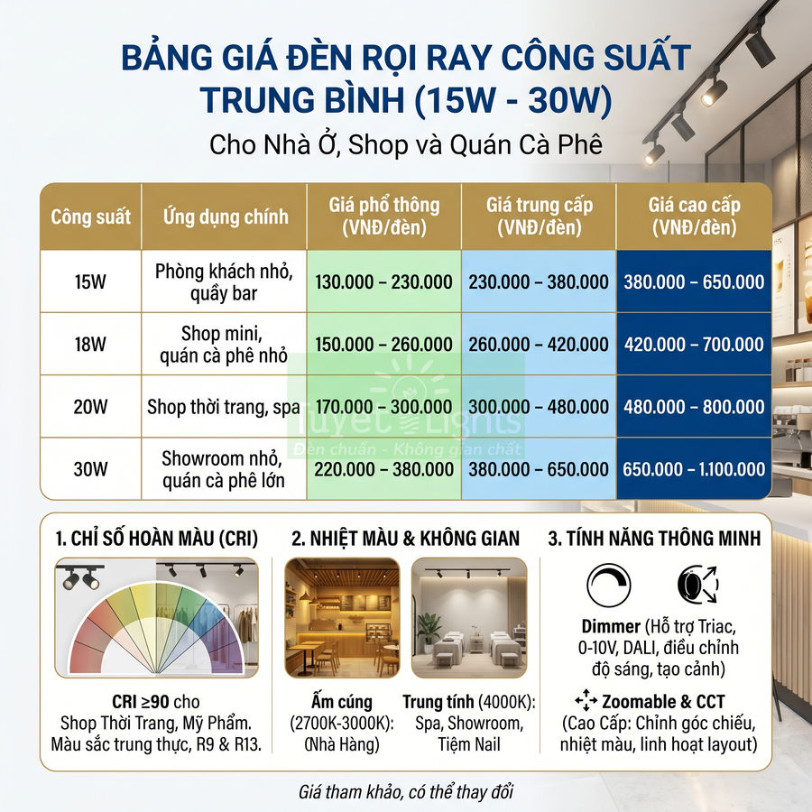 Bảng giá đèn rọi ray công suất trung bình 15W 30W cho nhà ở shop và quán cà phê