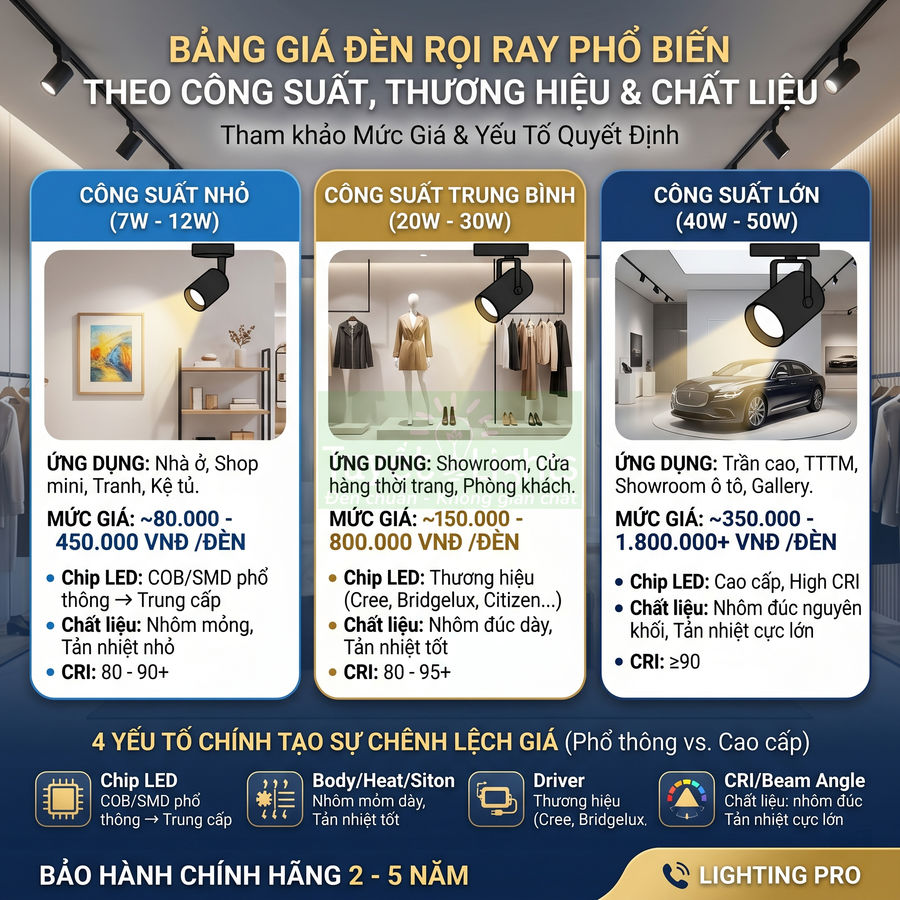 Bảng giá và ứng dụng các loại đèn rọi ray LED công suất nhỏ, trung bình, lớn cho nhà ở và showroom
