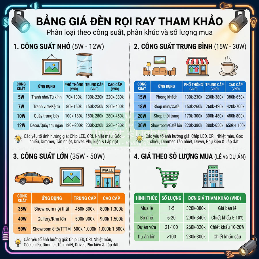 Bảng giá đèn rọi ray tham khảo theo công suất, phân khúc và số lượng mua dành cho các không gian trưng bày