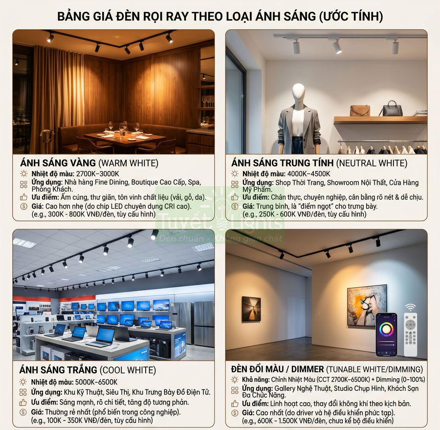 Bảng giá đèn rọi ray với bốn loại ánh sáng vàng, trung tính, trắng và đổi màu cho nhiều không gian nội thất