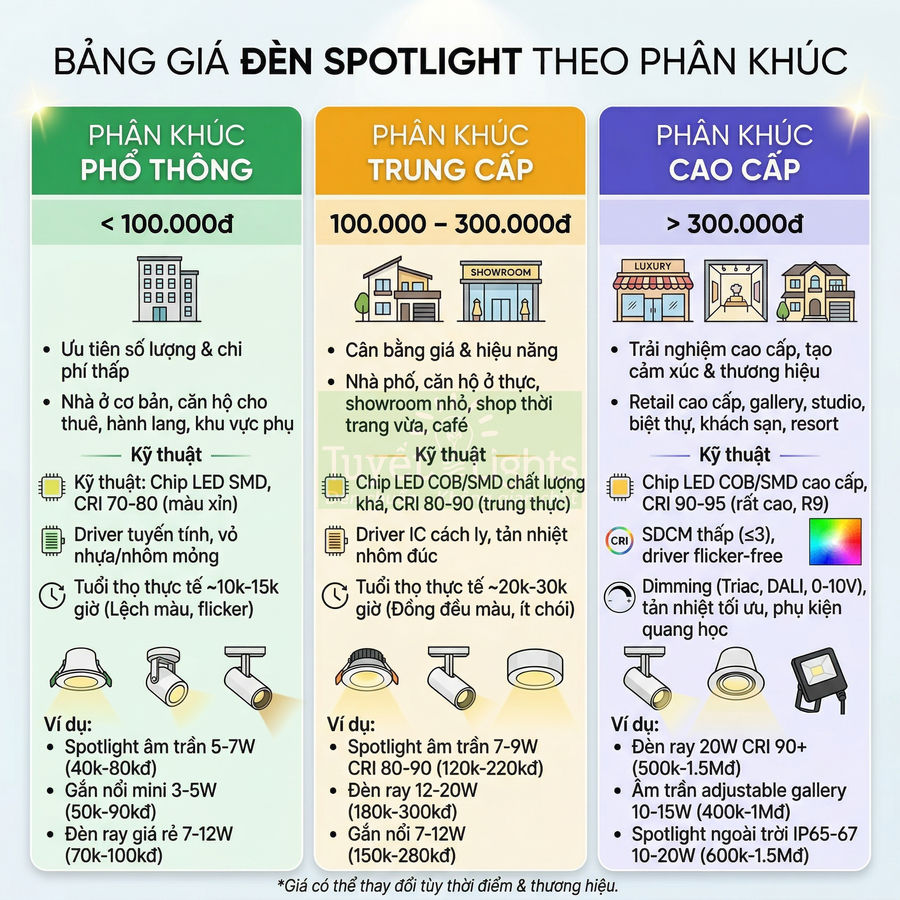 Bảng giá và phân khúc đèn spotlight phổ thông, trung cấp, cao cấp với ví dụ mẫu đèn minh họa