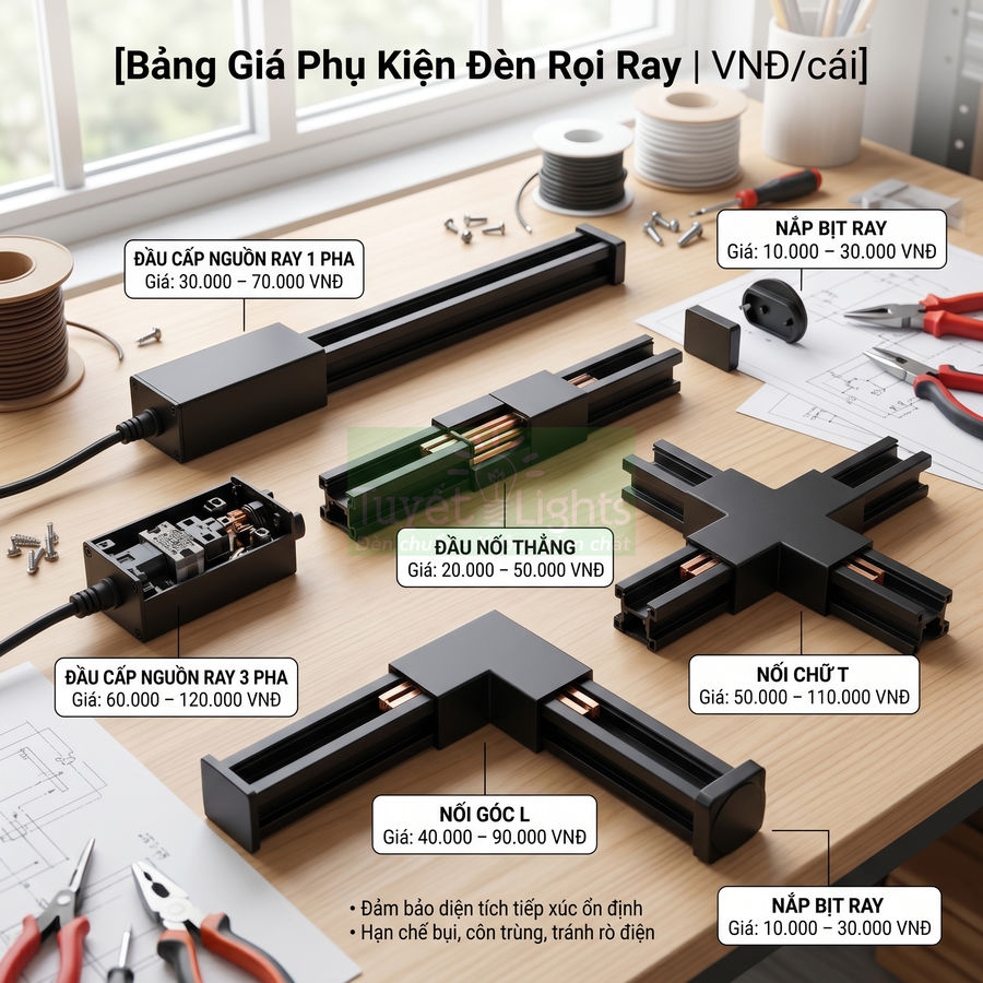 Bảng giá phụ kiện đèn rọi ray gồm đầu nối thẳng, nối góc L, nối chữ T, đầu cấp nguồn và nắp bịt ray