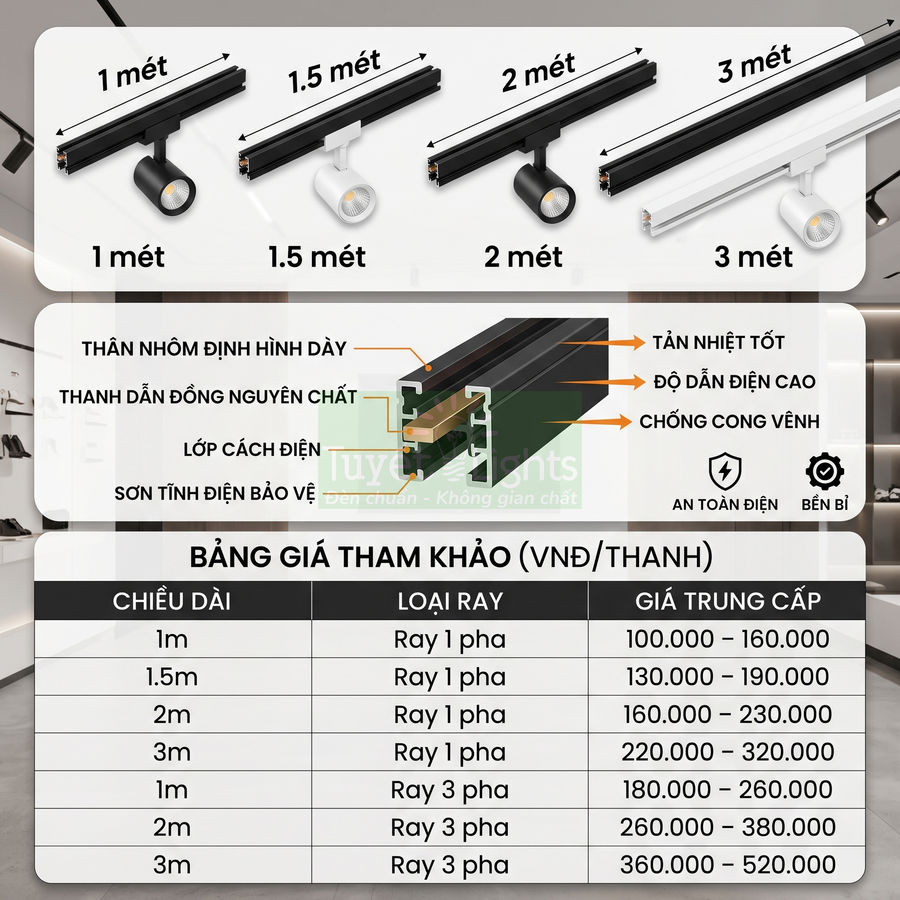 Ray đèn led rọi ray nhôm 1 pha và 3 pha nhiều kích thước kèm bảng giá tham khảo VNĐ mỗi mét