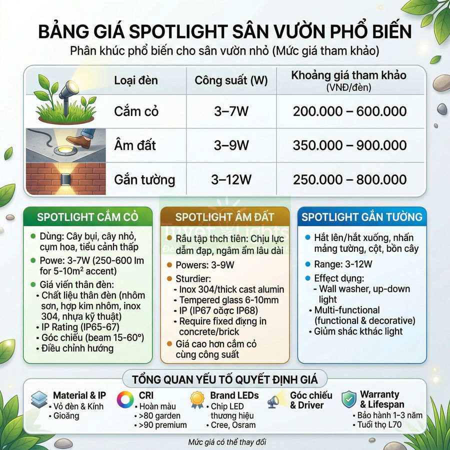 Bảng giá và thông tin so sánh các loại đèn spotlight sân vườn cắm cỏ âm đất gắn tường